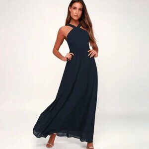 NWT Lulus Air of Romance Navy Halter Neck Maxi Dress Formal Bridesmaid Sz.Small